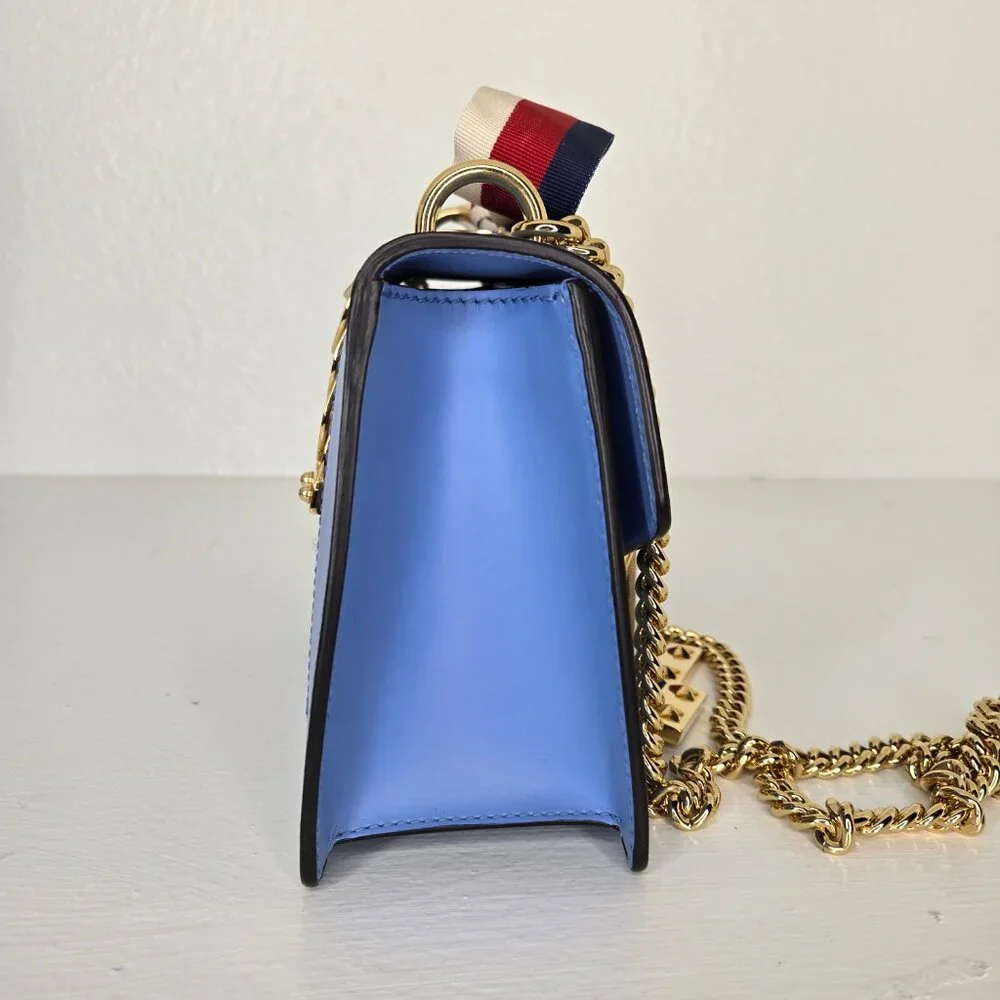 Gucci Sylvie Mini Flap Bag Blue with Ribbon & Chain Handbag Purse Crossbody - Picture 8 of 15